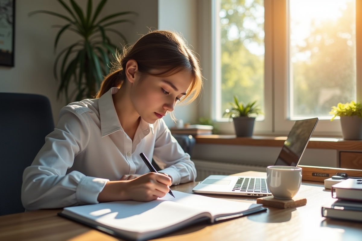 Jeune professionnel écrivant dans un planner au bureau lumineux