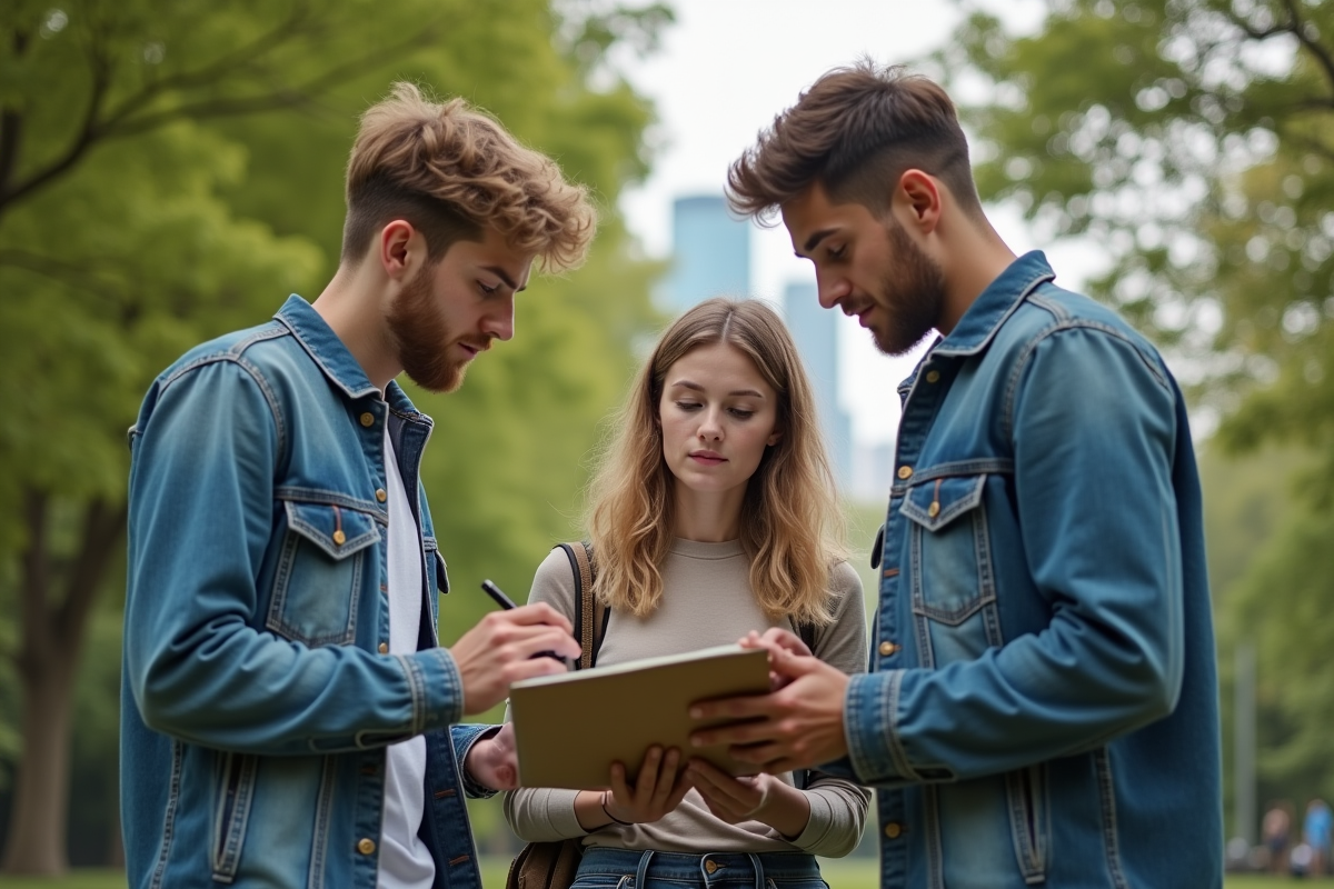 Groupe de jeunes discutant dans un parc verdoyant
