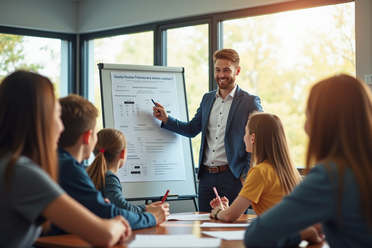 Groupe de lycéens souriants en classe moderne avec professeur