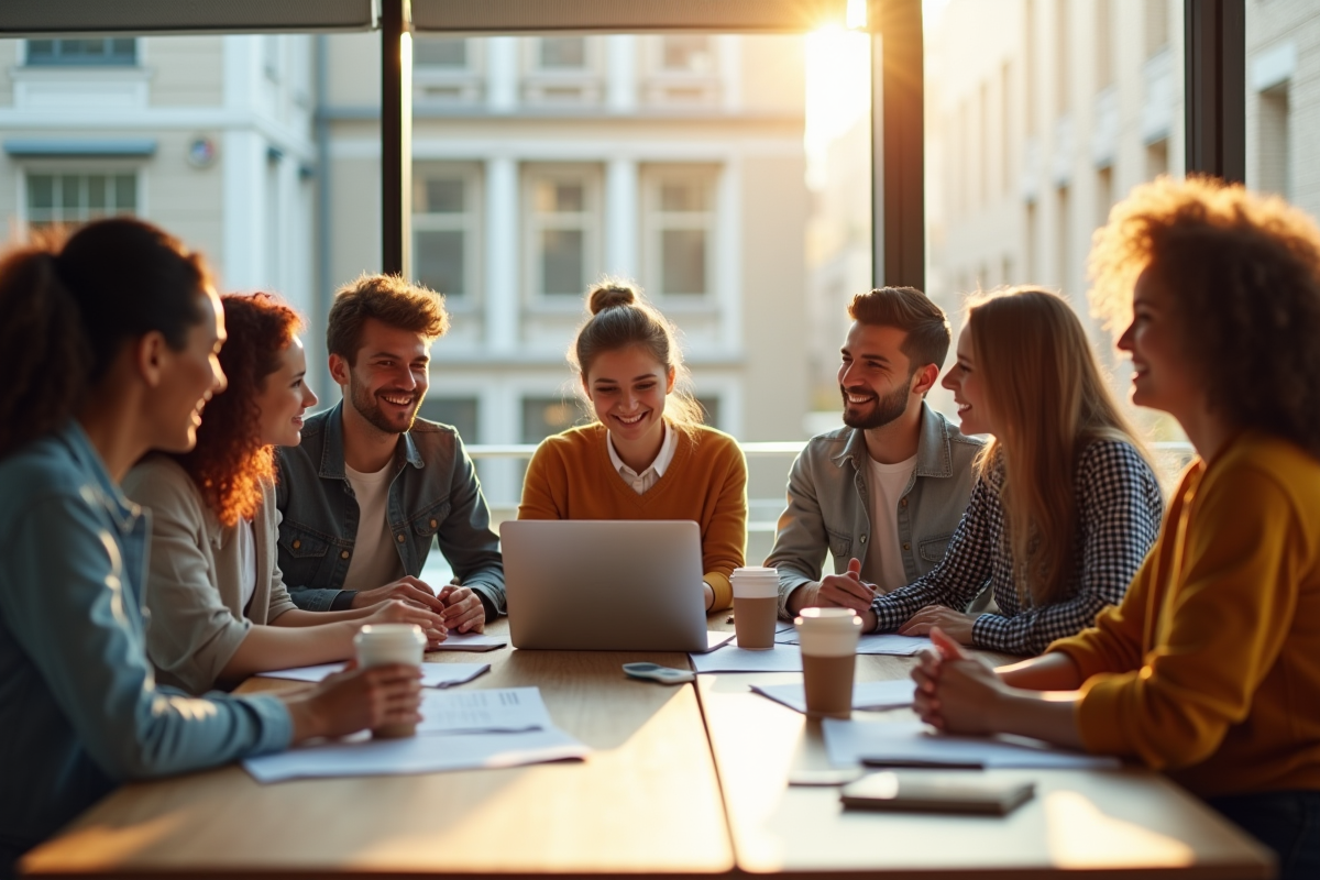 Groupe de jeunes discutant autour d'un ordinateur dans un bureau lumineux