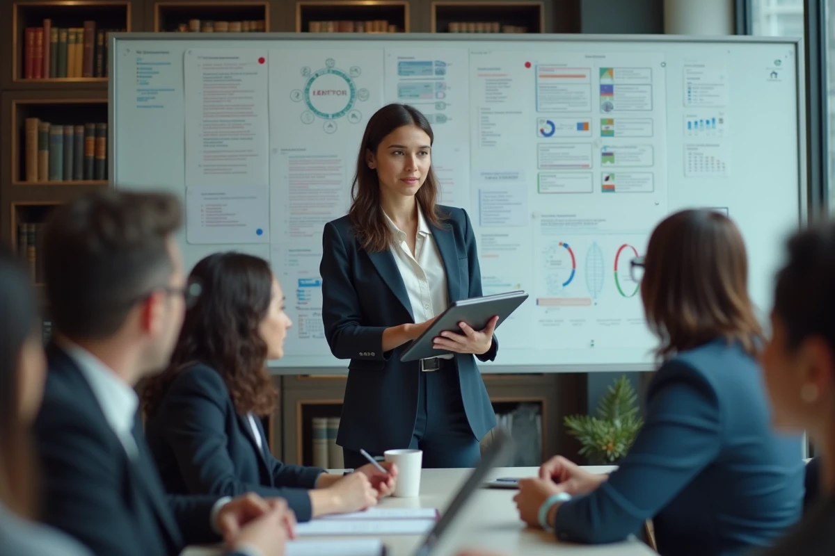 Jeune juriste expliquant des diagrammes juridiques avec coll&egrave;gues en r&eacute;union