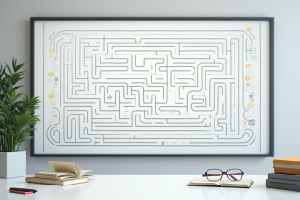 Labyrinthe complexe sur tableau blanc avec lignes colorées