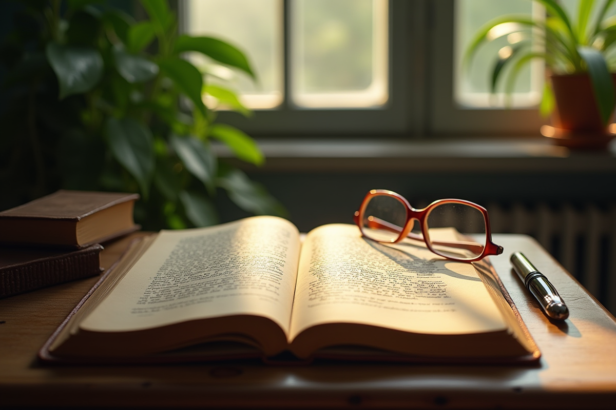 Livre ancien avec notes de Jung et lunettes sur un bureau