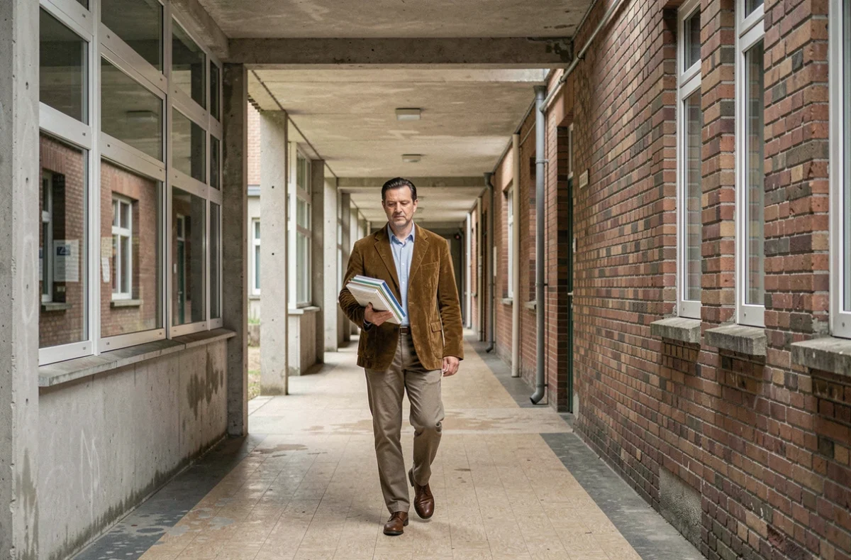 Couloir extérieur couvert du Lycée Édouard Herriot à Voiron avec un professeur portant des cahiers le long de la façade moderniste
