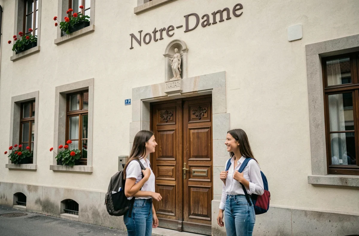 Entrée de l'Externat Notre-Dame à Grenoble avec deux lycéennes souriantes devant la porte en bois classique et la niche à statue