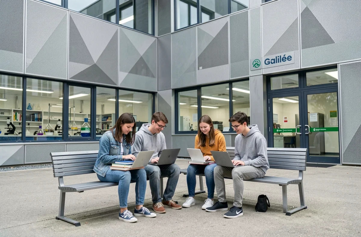 Cour intérieure du Lycée Galilée à Pont-de-Claix avec des lycéens travaillant ensemble sur des ordinateurs portables autour de tables en métal