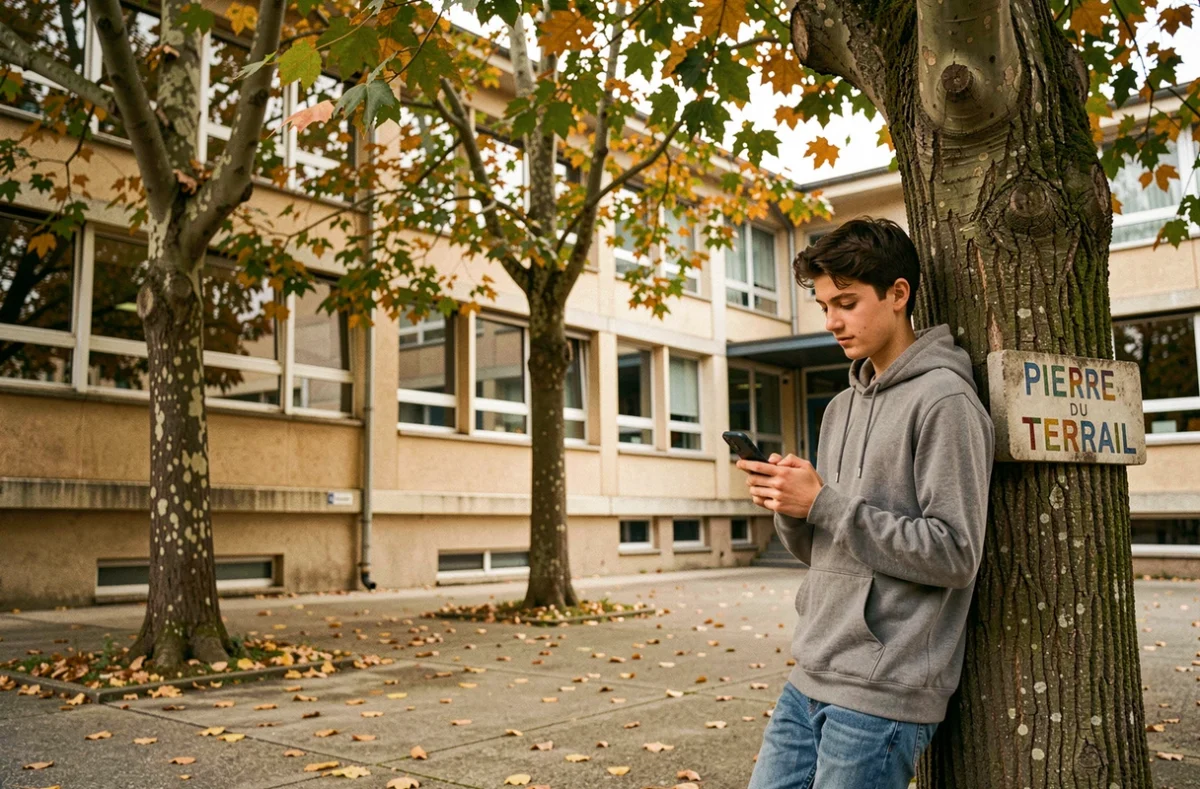 Cour du Lycée Pierre du Terrail à Pontcharra en Isère avec un lycéen sous les platanes aux couleurs automnales