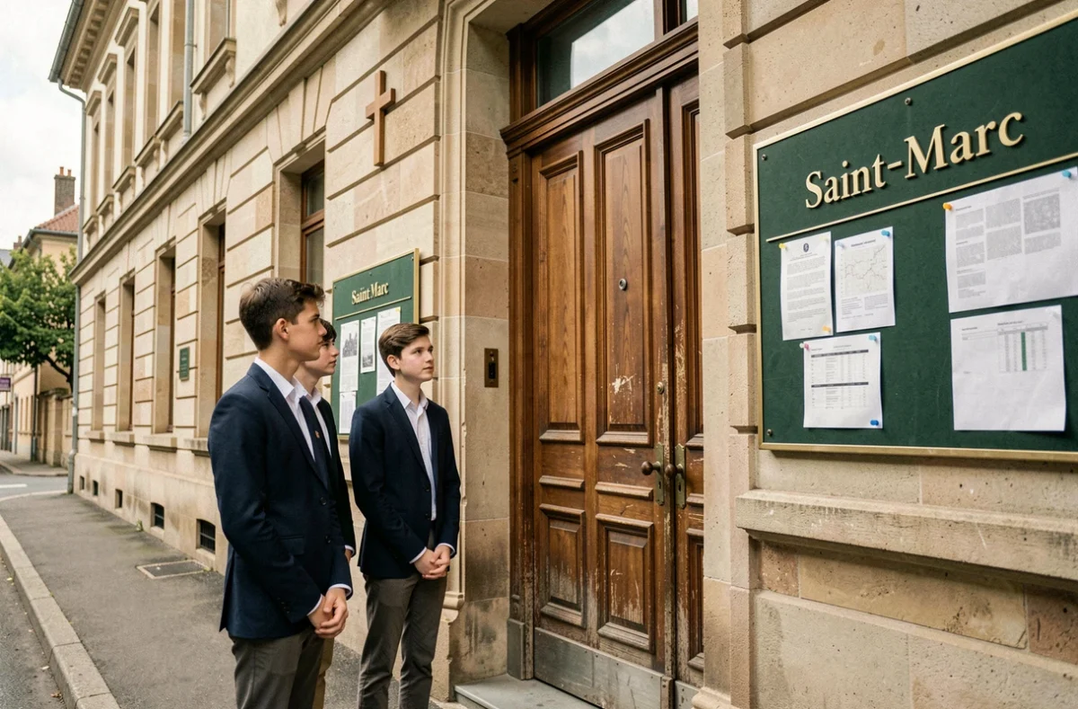 Entrée du Lycée Saint-Marc à Grenoble avec trois élèves en tenue soignée devant les grandes portes en bois de l'établissement catholique