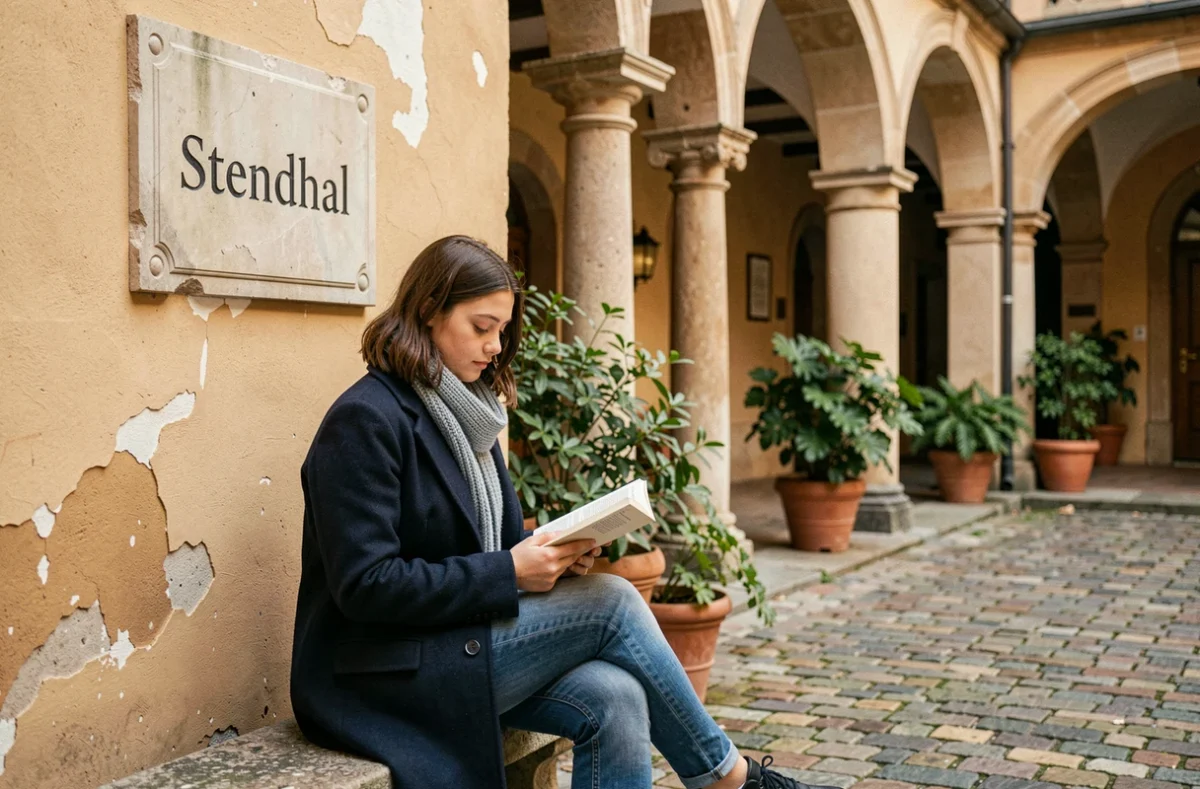 Cour intérieure historique du Lycée Stendhal à Grenoble avec une élève lisant sous les arcades en pierre ocre