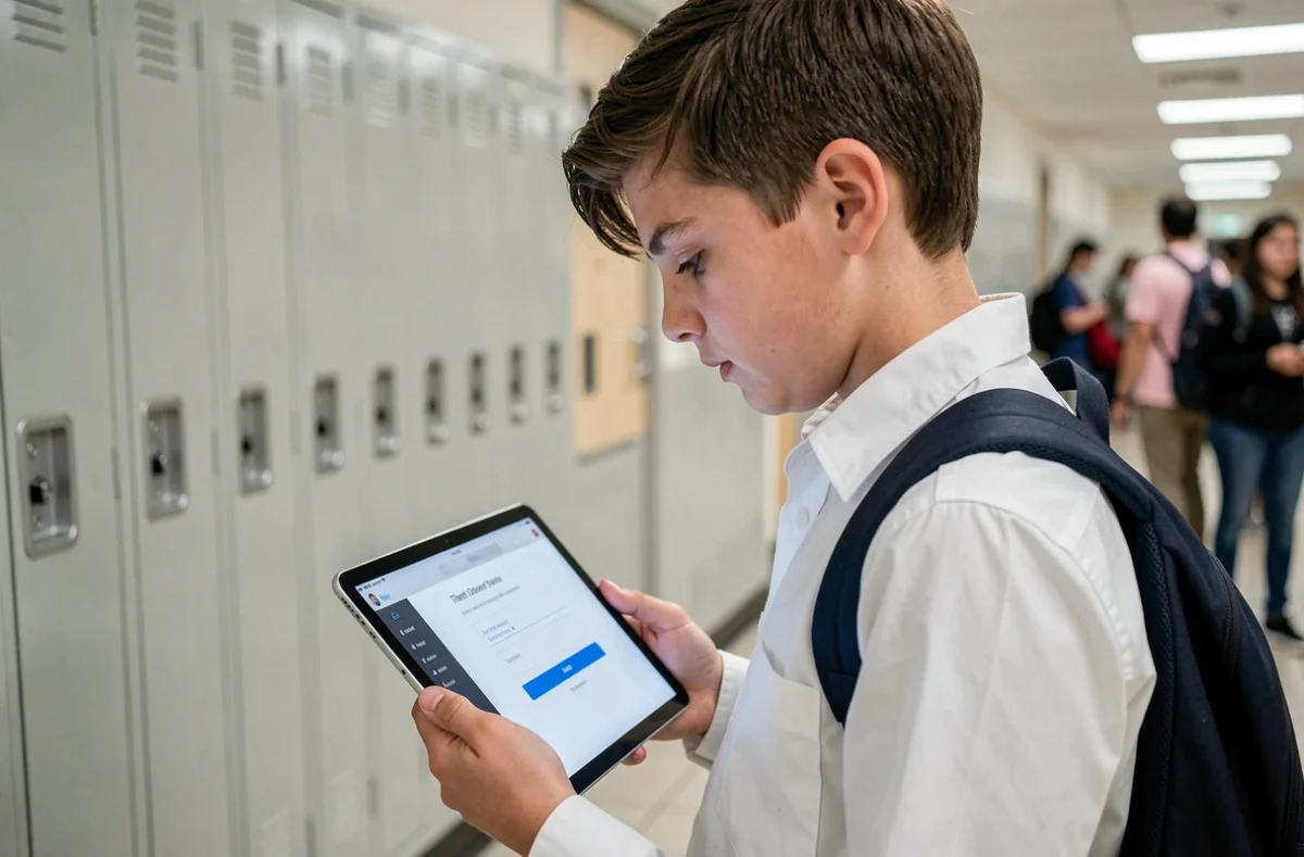 Lycéen consultant l'ENT scolaire Elcyo sur une tablette dans le couloir de son lycée