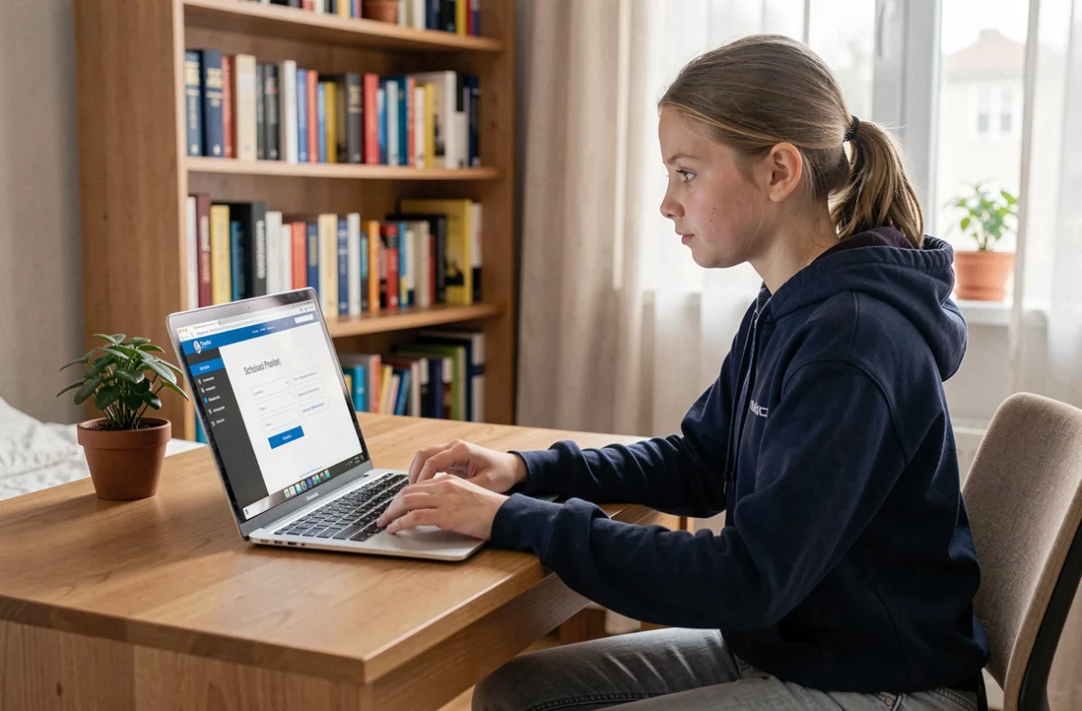 Lycéenne connectée à son ENT scolaire Elcyo sur un ordinateur portable dans sa chambre