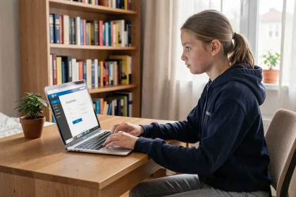 Lycéenne connectée à son ENT scolaire Elcyo sur un ordinateur portable dans sa chambre
