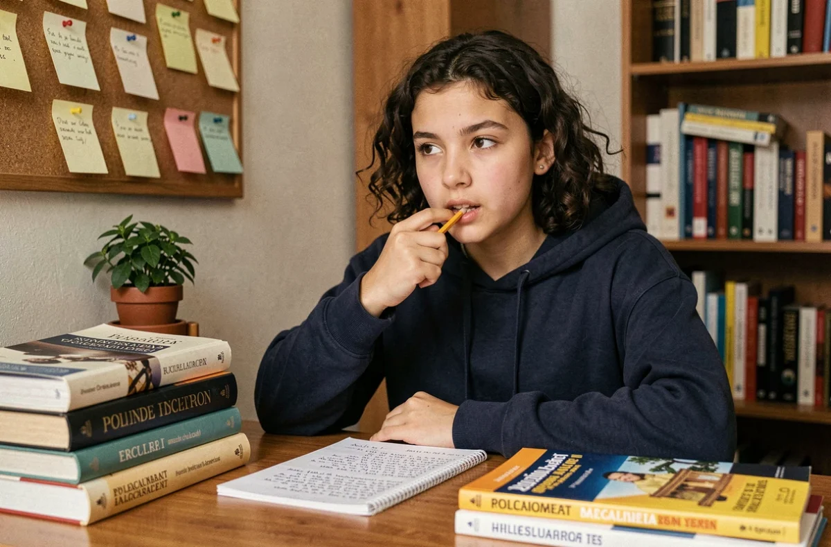 Lycéenne qui révise la philosophie pour le baccalauréat 2026 avec des notes et manuels sur son bureau