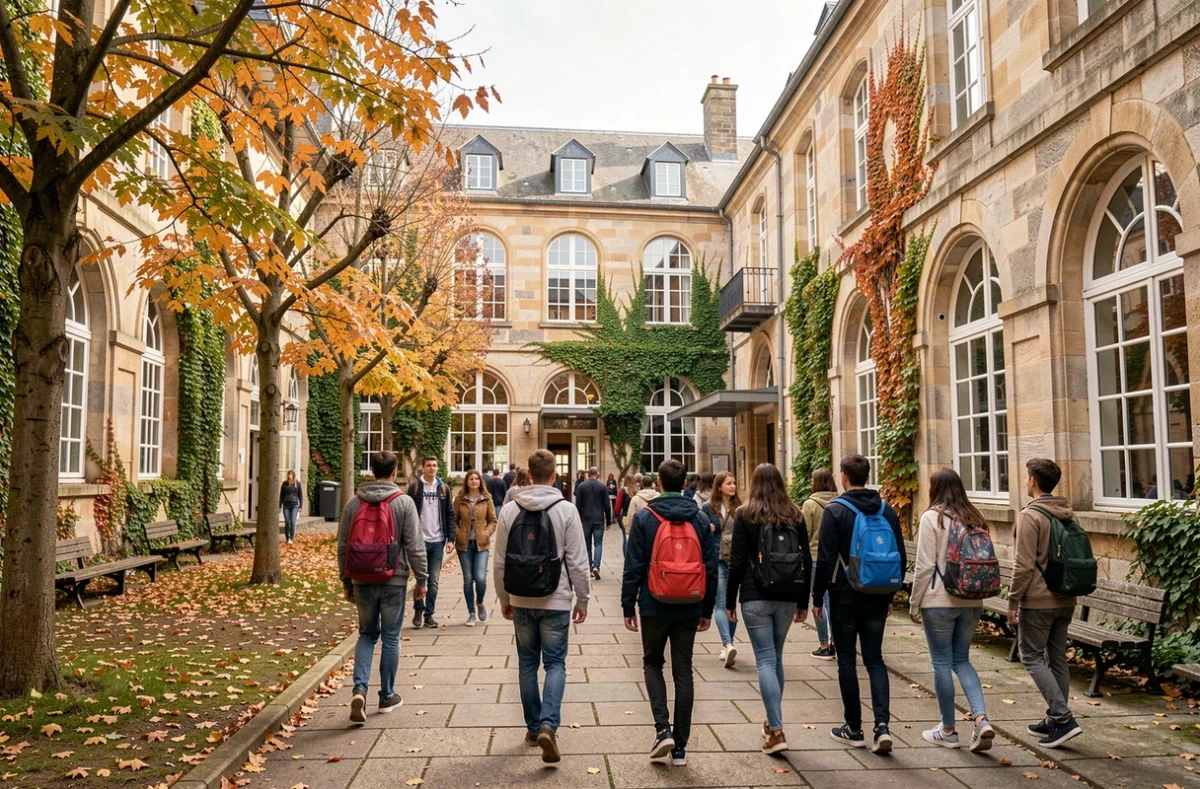 Cour extérieure d'un lycée en Isère avec des élèves en tenue décontractée se déplaçant entre des bâtiments en pierre typiques de l'architecture scolaire française