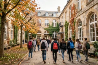 Cour extérieure d'un lycée en Isère avec des élèves en tenue décontractée se déplaçant entre des bâtiments en pierre typiques de l'architecture scolaire française