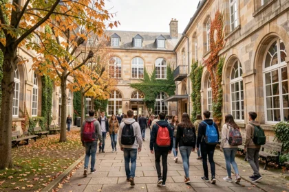 Cour extérieure d'un lycée en Isère avec des élèves en tenue décontractée se déplaçant entre des bâtiments en pierre typiques de l'architecture scolaire française