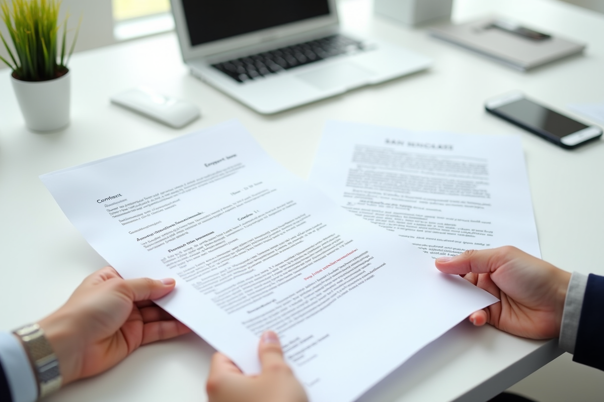 Trois mains tenant des documents de bureau sur un bureau lumineux