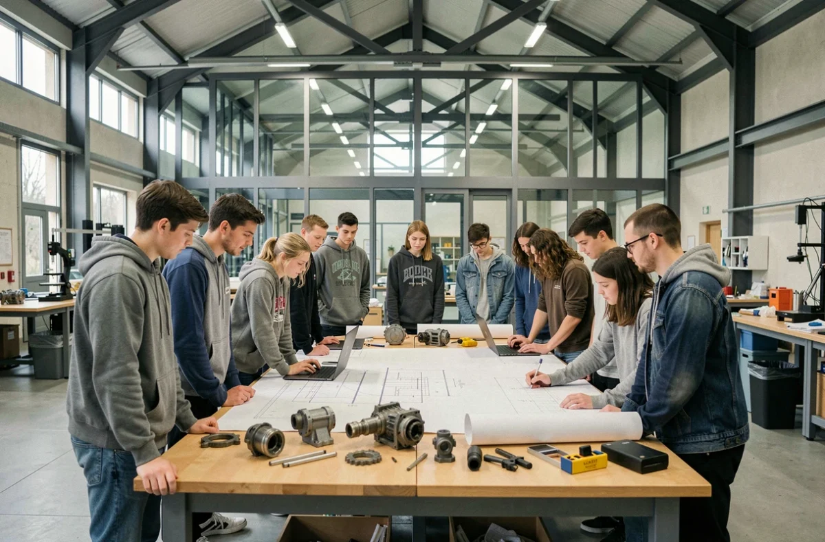 Étudiants en ingénierie dans une grande école du Nord de la France autour de plans techniques