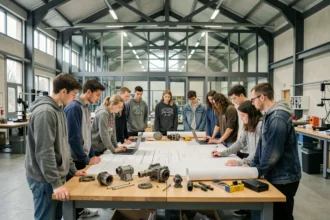 Étudiants en ingénierie dans une grande école du Nord de la France autour de plans techniques