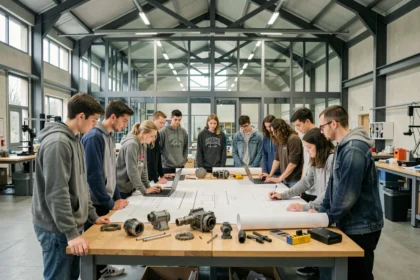 Étudiants en ingénierie dans une grande école du Nord de la France autour de plans techniques