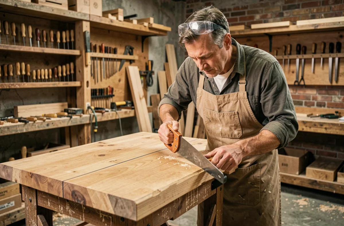 Menuisier expérimenté réalisant une coupe longitudinale transversale sur un madrier de chêne en atelier artisanal