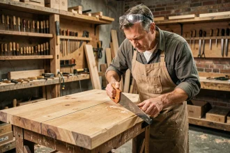 Menuisier expérimenté réalisant une coupe longitudinale transversale sur un madrier de chêne en atelier artisanal