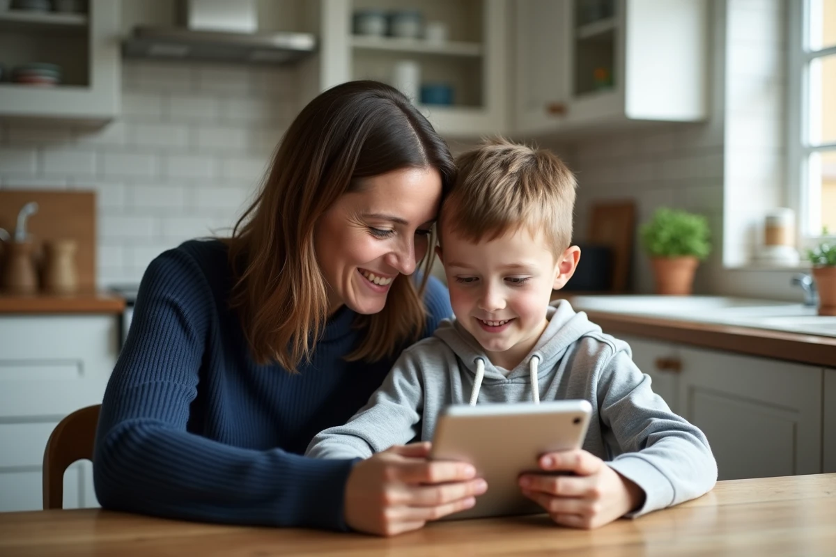 Une mère aidant son enfant à utiliser l'application NÉO Yvelines sur une tablette dans la cuisine familiale