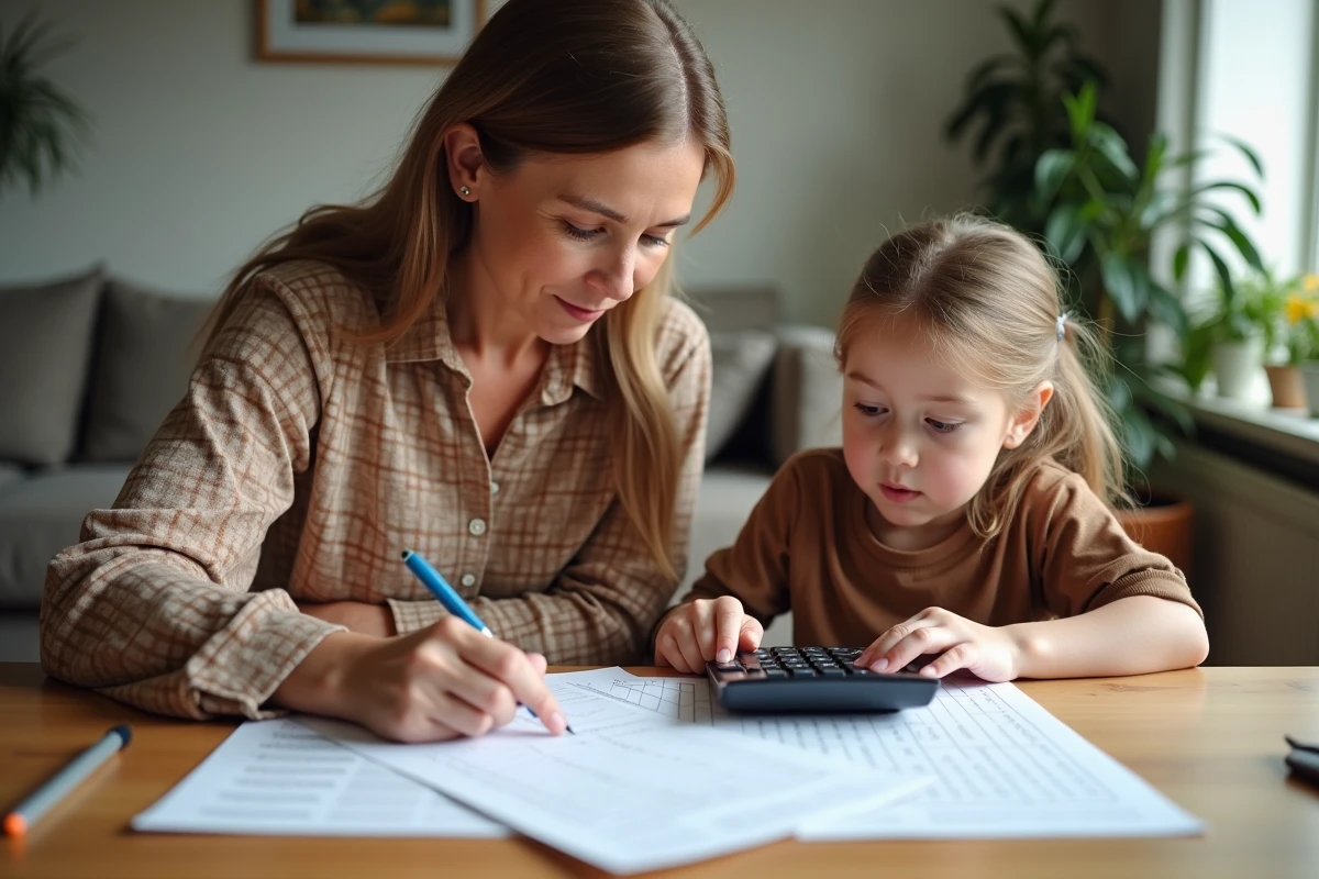 Mère et fille adolescente calculant ensemble la moyenne coefficientée des notes sur une feuille de calcul manuscrite