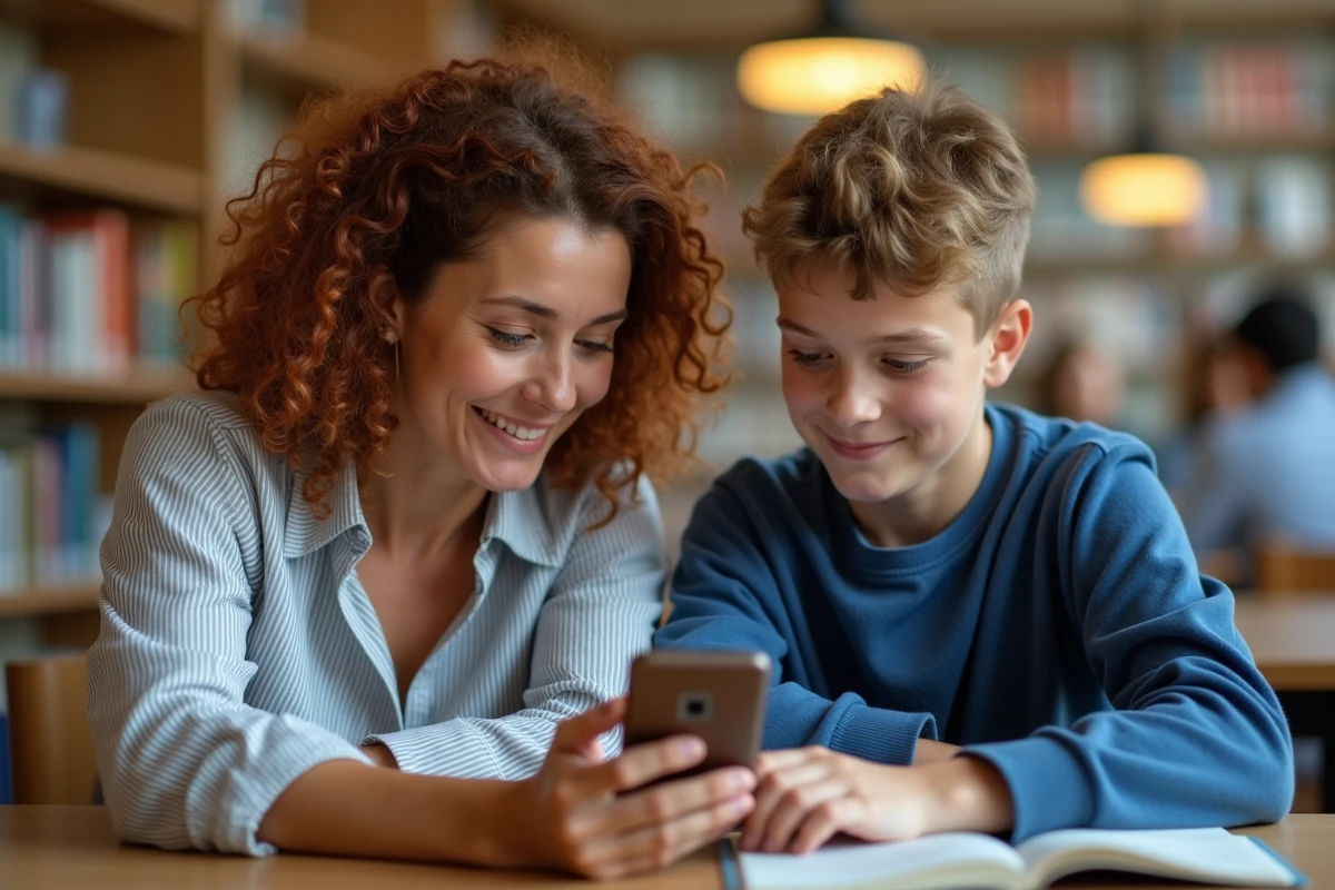 Une mère et son fils consultant l'application NÉO Yvelines sur un smartphone dans une bibliothèque municipale