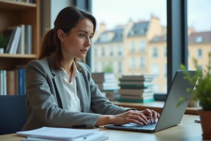 Enseignante utilisant la messagerie académique Aix-Marseille sur un ordinateur portable dans un bureau universitaire