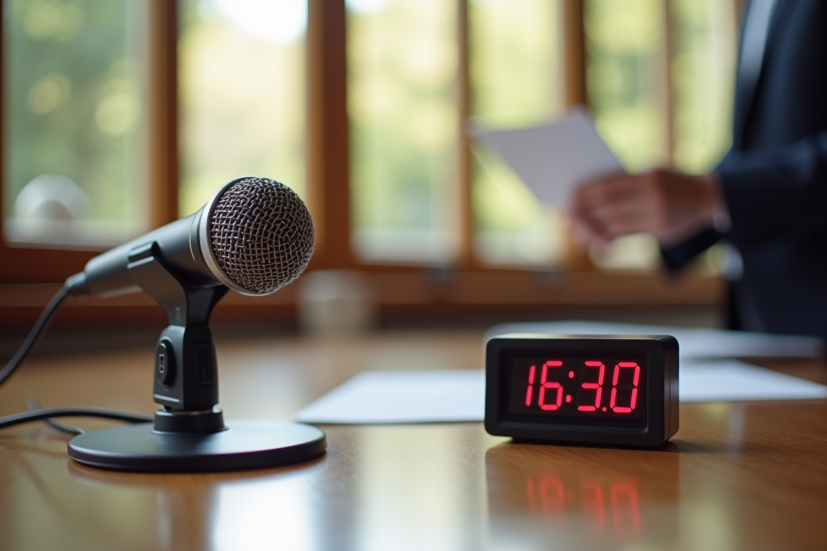 Microphone et chronomètre sur un bureau en bois