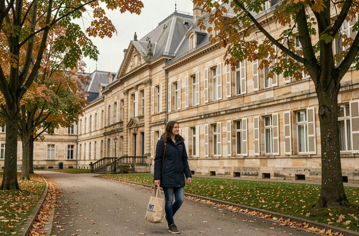 Étudiante marchant sur le campus historique des Mines de Douai avec ses bâtiments du XIXe siècle