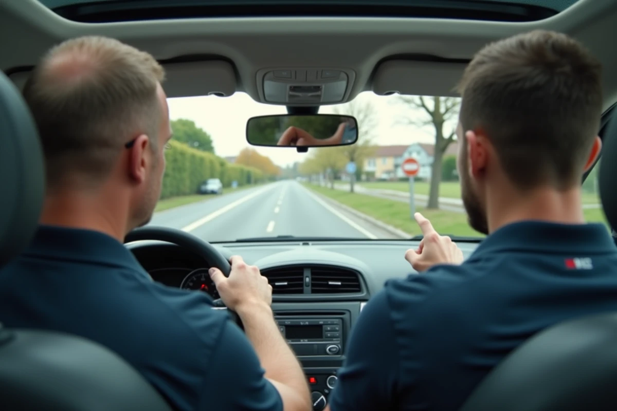 Moniteur d'auto-école expliquant une question de signalisation routière à un jeune conducteur en cours de conduite