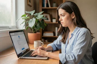 Jeune femme devant son ordinateur portable tentant de récupérer son mot de passe oublié sur Arena Académie Montpellier