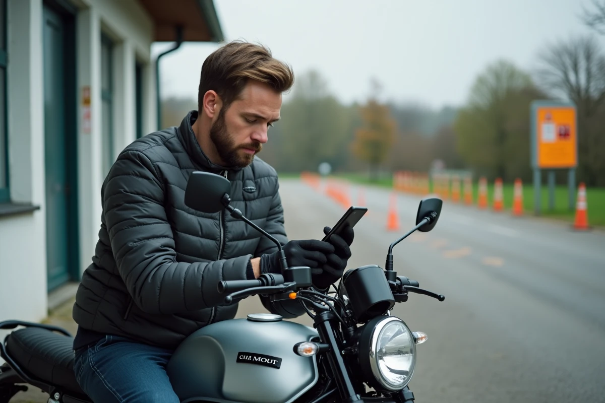 Motard consultant une application de code moto sur smartphone devant une auto-école avec circuit d'entraînement