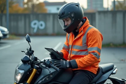 Motard en veste orange étudiant le code de la route sur tablette assis sur sa moto en zone urbaine