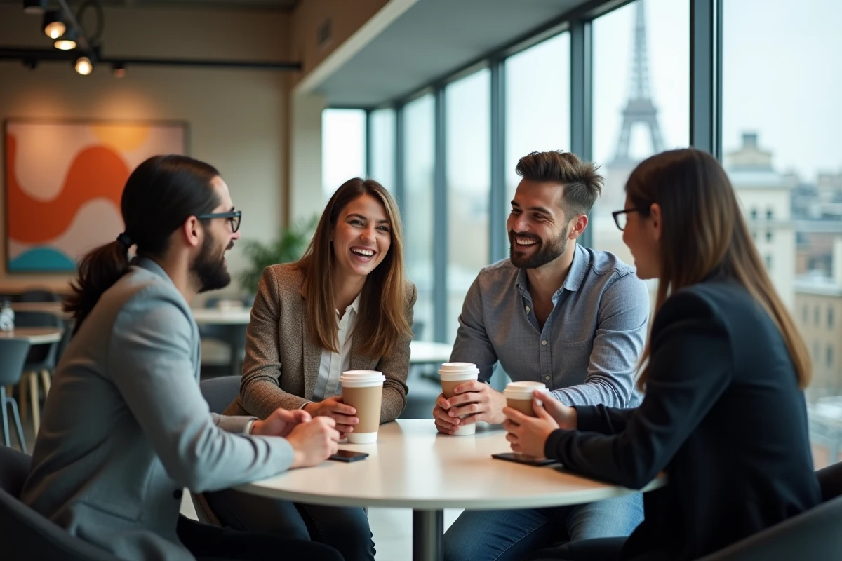 Groupe de professionnels en networking lors d'une pause café d'un séminaire de formation au digital à Paris