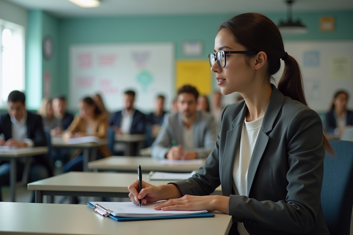 Jeune femme observant une expérience en classe avec des étudiants