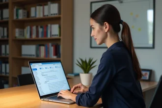Femme professionnelle organisant ses mails académiques sur un ordinateur portable dans un bureau universitaire de Clermont-Ferrand