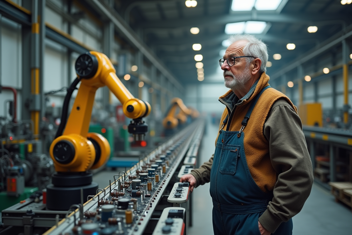 Ouvrier industriel observant un robot en usine