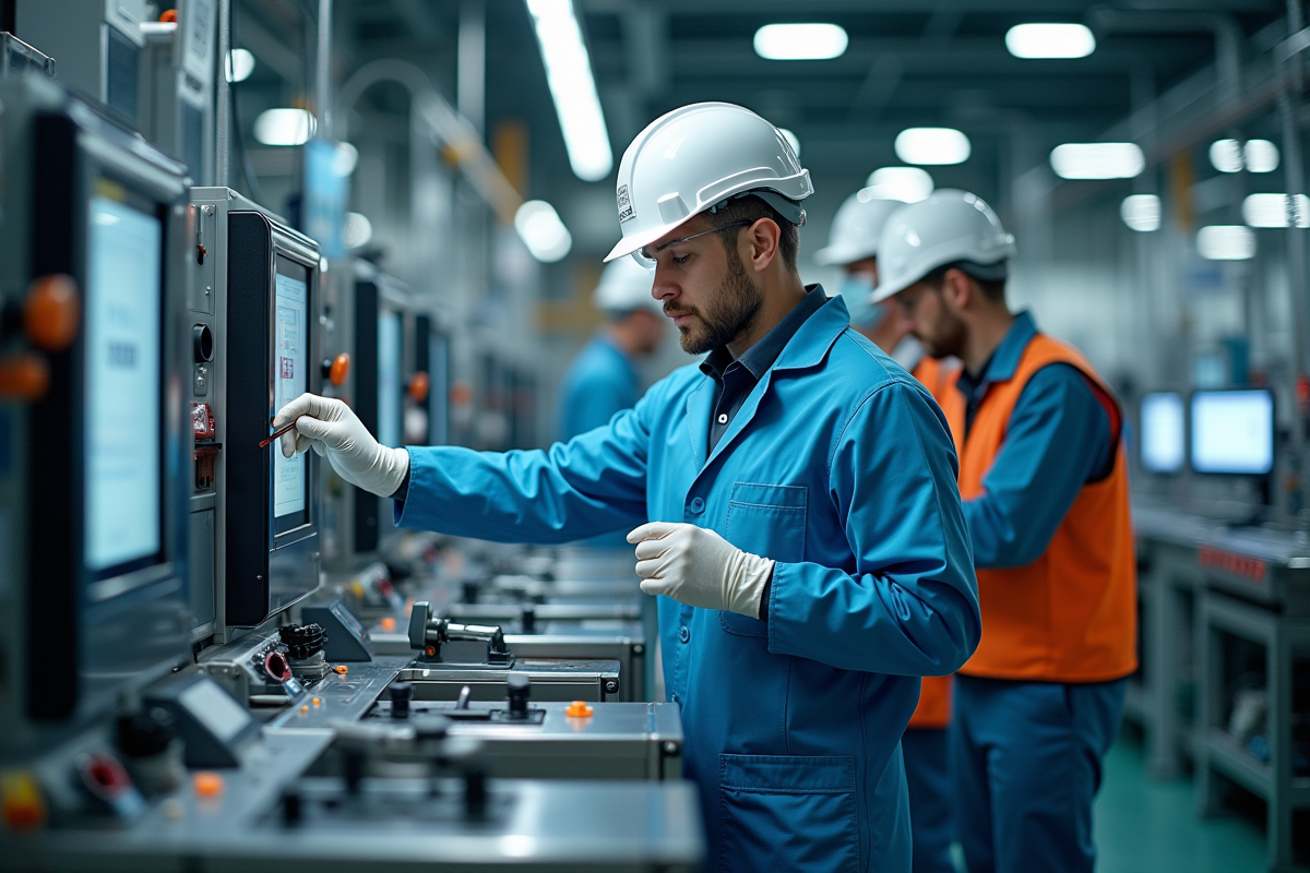 Ouvriers en usine hightech collaborant sur des machines avancées