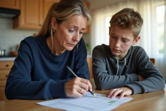 Mère vérifiant le bulletin scolaire de son enfant avec calcul de la moyenne coefficientée à la table de la cuisine