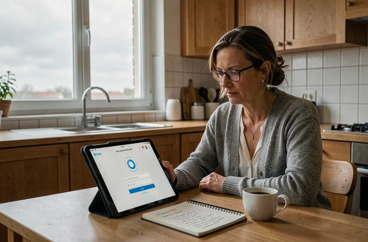 Mère de famille vérifiant les identifiants de connexion au portail Edu Normandie sur une tablette dans une cuisine moderne