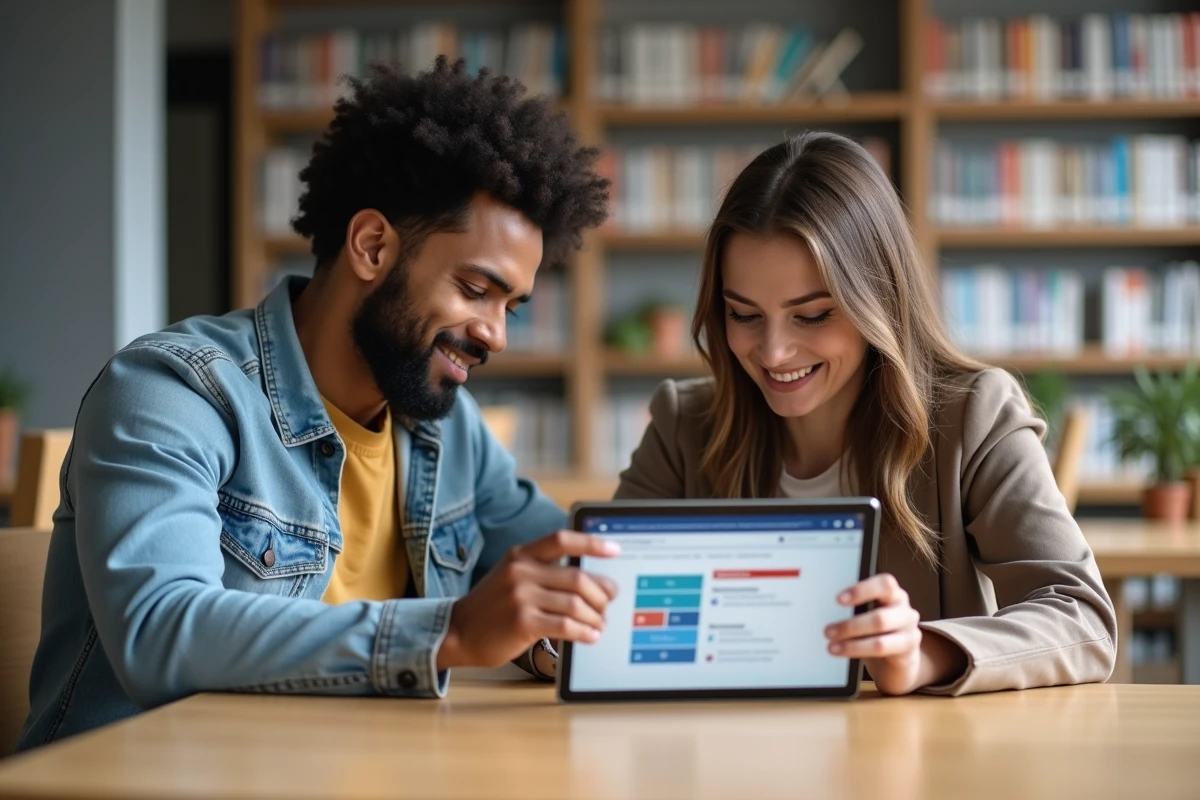 Deux parents séparés consultent ensemble le portail ENT77 sur une tablette dans un espace partagé pour coordonner la scolarité de leur enfant