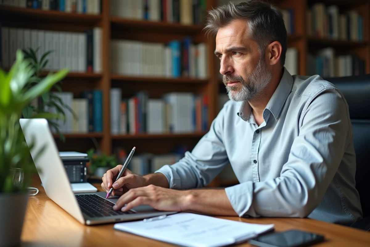 Père calculant la moyenne avec coefficients sur tableur et cahier de notes à son bureau à domicile