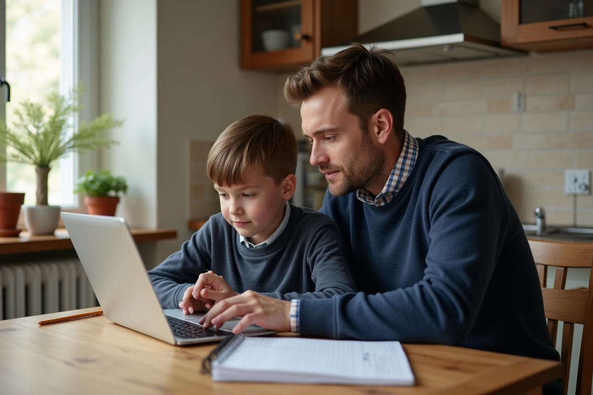Un père consulte le portail ENT77 avec son enfant sur un ordinateur portable à la maison lors d'une garde alternée