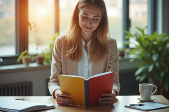 Personne étudiant deux dossiers colorés dans un bureau lumineux