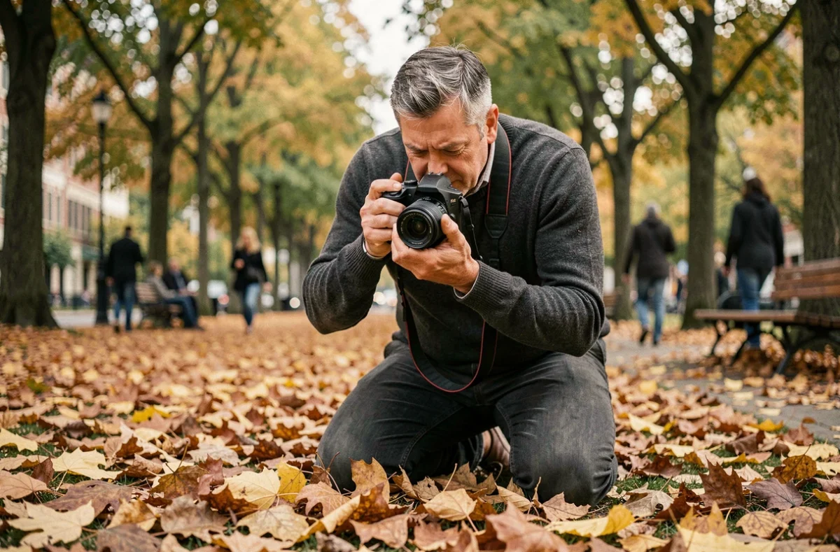 Photographe masculin accroupi dans un parc en automne composant un cadrage au sol avec un appareil photo sans miroir parmi les feuilles dorées