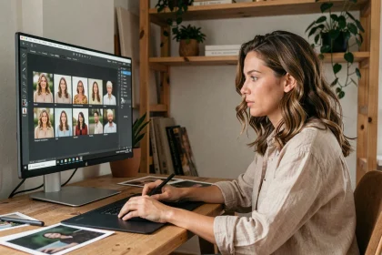 Photographe assise devant un écran calibré en train de retoucher légèrement des photos sur un bureau en bois dans un studio à domicile