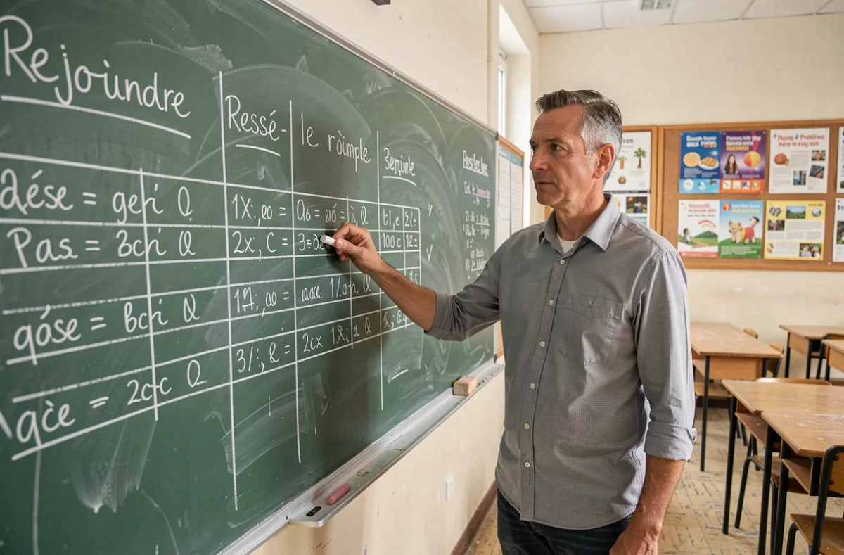 Professeur de français pointant la conjugaison du verbe rejoindre au passé simple écrite à la craie sur un tableau noir dans une salle de classe